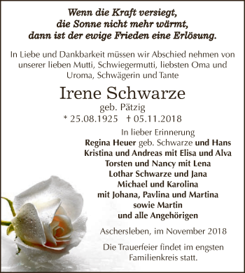 Traueranzeige von Irene Schwarze von Super Sonntag Aschersleben