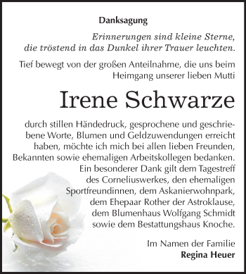 Traueranzeige von Irene Schwarze von Mitteldeutsche Zeitung Aschersleben