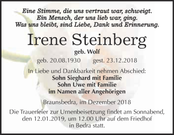 Traueranzeige von Irene Steinberg von WVG - Wochenspiegel Merseburg