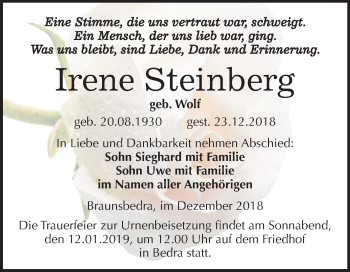 Traueranzeige von Irene Steinberg von Mitteldeutsche Zeitung Merseburg/Querfurt
