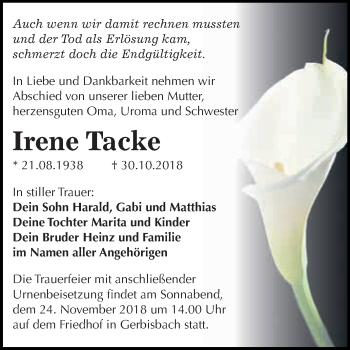Traueranzeige von Irene Tacke von WVG - Wochenspiegel Wittenberg