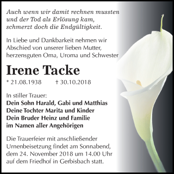 Traueranzeige von Irene Tacke von Mitteldeutsche Zeitung Wittenberg