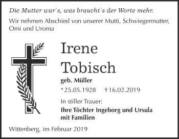 Traueranzeige von Irene Tobisch von WVG - Wochenspiegel Wittenberg