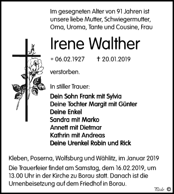 Traueranzeige von Irene Walther von WVG - Wochenspiegel NMB / WSF / ZTZ