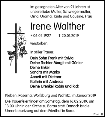 Traueranzeige von Irene Walther von Mitteldeutsche Zeitung Weißenfels
