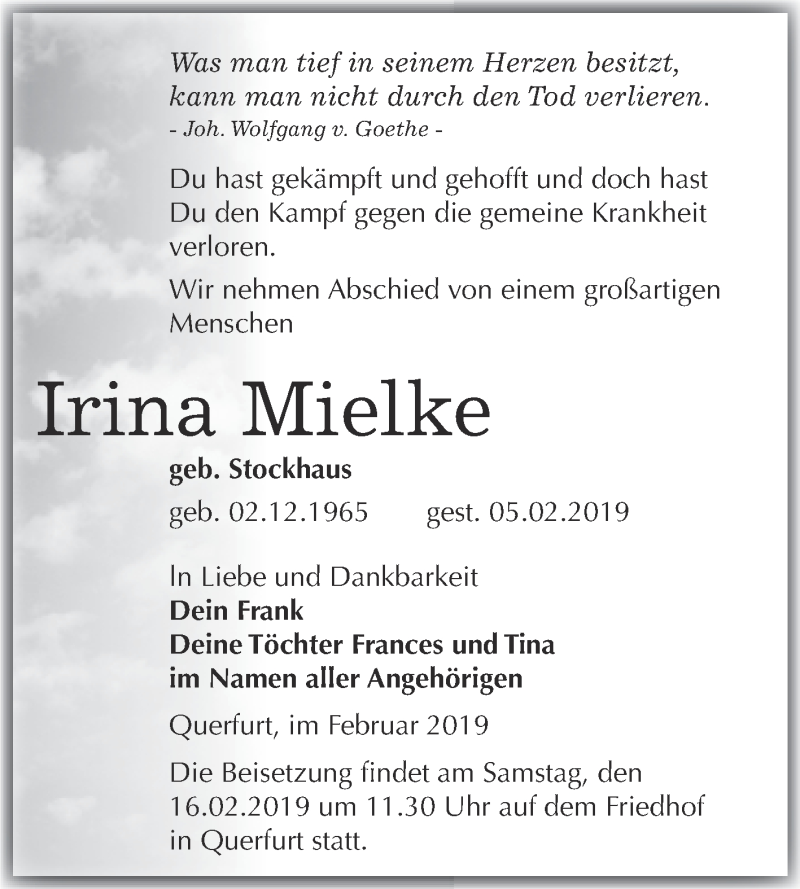  Traueranzeige für Irina Mielke vom 11.02.2019 aus WVG - Wochenspiegel Merseburg