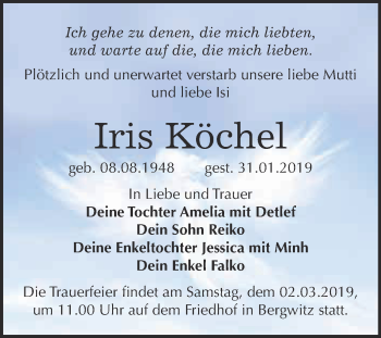 Traueranzeige von Iris Köchel von WVG - Wochenspiegel Bitterfeld