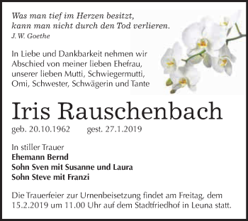 Traueranzeige von Iris Rauschenbach von WVG - Wochenspiegel Merseburg