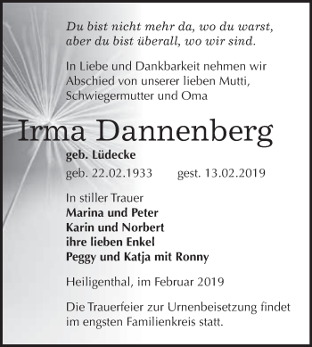 Traueranzeige von Irma Dannenberg von Super Sonntag SGH Mansf. Land