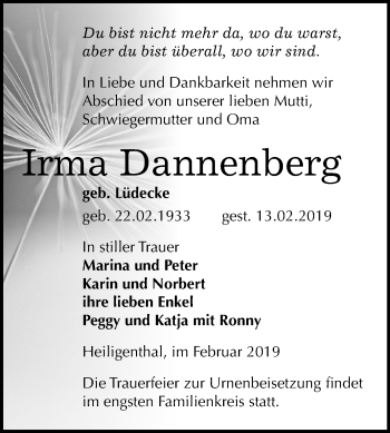 Traueranzeige von Irma Dannenberg von Mitteldeutsche Zeitung