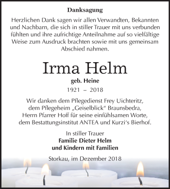 Traueranzeige von Irma Helm von Mitteldeutsche Zeitung Weißenfels