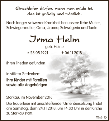 Traueranzeige von Irma Helm von WVG - Wochenspiegel NMB / WSF / ZTZ