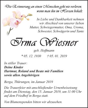 Traueranzeige von Irma Wiesner von Mitteldeutsche Zeitung Sangerhausen