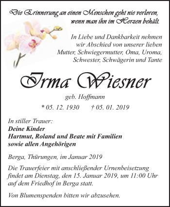 Traueranzeige von Irma Wiesner von Super Sonntag SGH Mansf. Land
