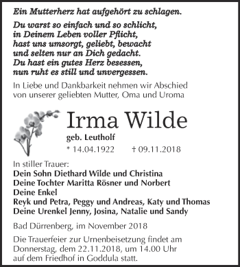 Traueranzeige von Irma Wilde von Super Sonntag Merseburg