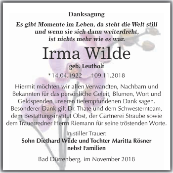 Traueranzeige von Irma Wilde von Super Sonntag Merseburg