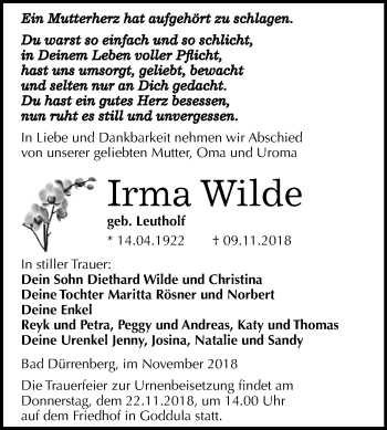 Traueranzeige von Irma Wilde von Mitteldeutsche Zeitung Merseburg/Querfurt