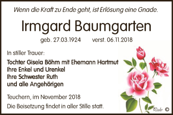 Traueranzeige von Irmgard Baumgarten von WVG - Wochenspiegel NMB / WSF / ZTZ