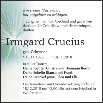 Traueranzeige von Irmgard Crucius von WVG - Wochenspiegel Bitterfeld