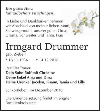 Traueranzeige von Irmgard Drummer von WVG - Wochenspiegel NMB / WSF / ZTZ