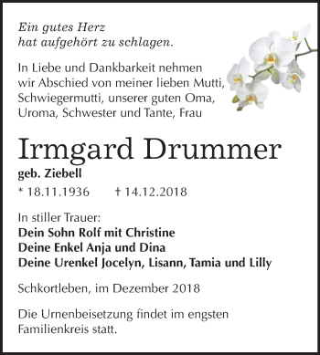 Traueranzeige von Irmgard Drummer von Mitteldeutsche Zeitung Weißenfels
