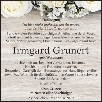 Traueranzeige von Irmgard Grunert von Mitteldeutsche Zeitung Aschersleben