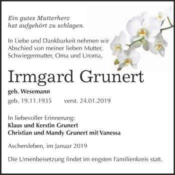 Traueranzeige von Irmgard Grunert von Super Sonntag Aschersleben