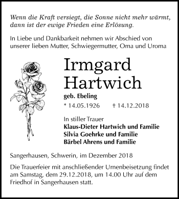 Traueranzeige von Irmgard Hartwich von Mitteldeutsche Zeitung Sangerhausen