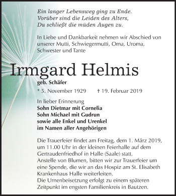 Traueranzeige von Irmgard Helmis von Mitteldeutsche Zeitung Halle/Saalkreis