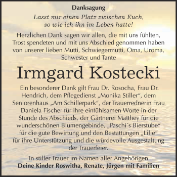 Traueranzeige von Irmgard Kostecki von WVG - Wochenspiegel Dessau / Köthen