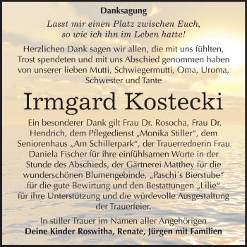 Traueranzeige von Irmgard Kostecki von Mitteldeutsche Zeitung Dessau-Roßlau