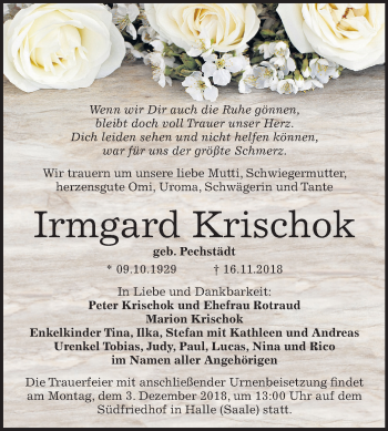 Traueranzeige von Irmgard Krischok von Mitteldeutsche Zeitung Halle/Saalkreis