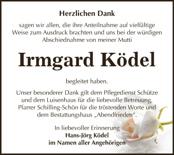 Traueranzeige von Irmgard Ködel von WVG - Wochenspiegel NMB / WSF / ZTZ