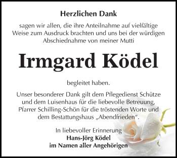 Traueranzeige von Irmgard Ködel von Mitteldeutsche Zeitung Weißenfels