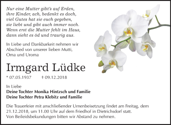 Traueranzeige von Irmgard Lüdke von Mitteldeutsche Zeitung Wittenberg