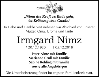 Traueranzeige von Irmgard Nimz von Mitteldeutsche Zeitung Dessau-Roßlau