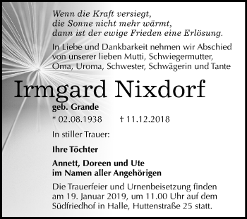 Traueranzeige von Irmgard Nixdorf von Mitteldeutsche Zeitung Bitterfeld