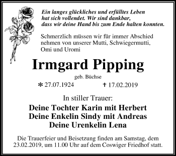 Traueranzeige von Irmgard Pipping von Mitteldeutsche Zeitung