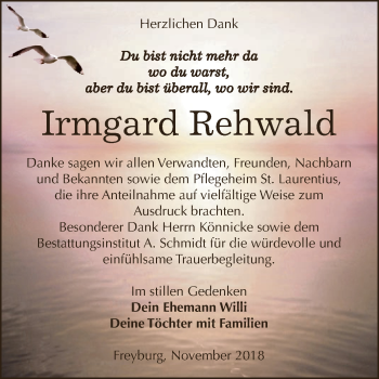Traueranzeige von Irmgard Rehwald von WVG - Wochenspiegel NMB / WSF / ZTZ
