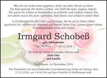 Traueranzeige von Irmgard Schobeß von Mitteldeutsche Zeitung Sangerhausen