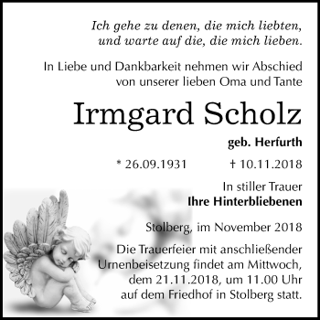 Traueranzeige von Irmgard Scholz von Mitteldeutsche Zeitung Sangerhausen