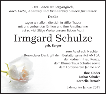 Traueranzeige von Irmgard Schulze von Mitteldeutsche Zeitung Wittenberg