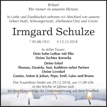 Traueranzeige von Irmgard Schulze von WVG - Wochenspiegel Wittenberg