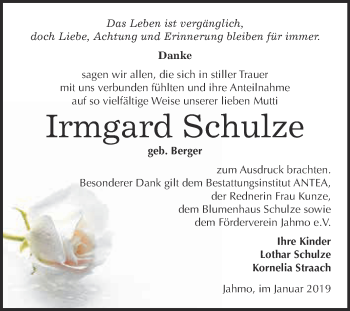 Traueranzeige von Irmgard Schulze von Super Sonntag Wittenberg