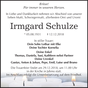 Traueranzeige von Irmgard Schulze von Mitteldeutsche Zeitung Wittenberg
