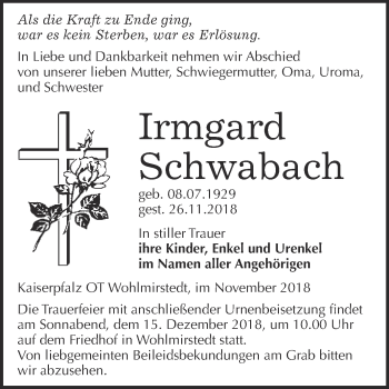 Traueranzeige von Irmgard Schwabach von WVG - Wochenspiegel SGH