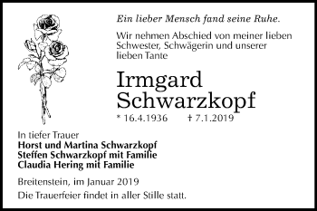 Traueranzeige von Irmgard Schwarzkopf von Super Sonntag SGH Mansf. Land