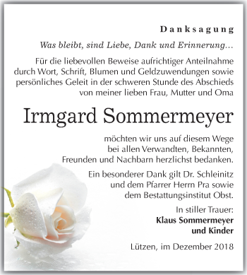 Traueranzeige von Irmgard Sommermeyer von Mitteldeutsche Zeitung Weißenfels