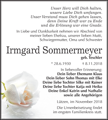 Traueranzeige von Irmgard Sommermeyer von Mitteldeutsche Zeitung Weißenfels
