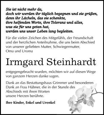 Traueranzeige von Irmgard Steinhardt von Mitteldeutsche Zeitung Aschersleben